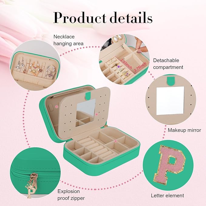 TopPerfekt Travel Jewelry Case, Jewelry Box with Mirror, Jewelry Organizer Bridal Shower Gifts to Her, Earring Storage Travel Case, Trendy Gift for Women and Girls, Girlfriend-Letter P, Green