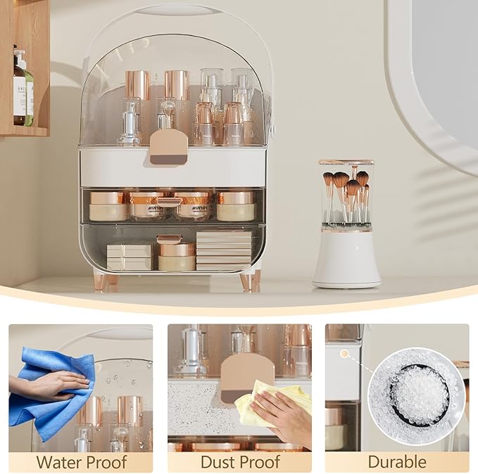Makeup Organizer Countertop & Makeup Brush Holder with Lid 360 Rotating Clear Dustproof Skincare Holder for Vanity Bathroom Countertop, Ideal Gifts for Women, Transparent, Rose Gold