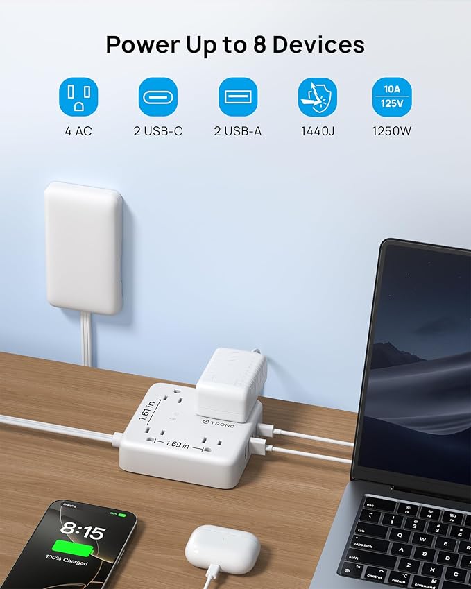 TROND Flat Plug Power Strip with Outlet Cover - 6ft Extension Cord with Multiple Outlets and 4 USB Ports, Mountable Surge Protector Outlet Concealer, Kitchen Home Improvement for Hide Messy, White