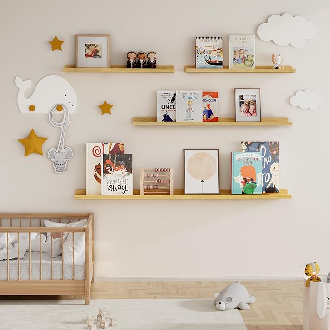 Fun Memories Picture Ledge Shelf for Wall, Floating Shelves Set of 4, 24 Inch Long Nursery Book Shelves for Toys Storage, Kids Bookshelf Wall Mounted for Books Photo Frames, Oak