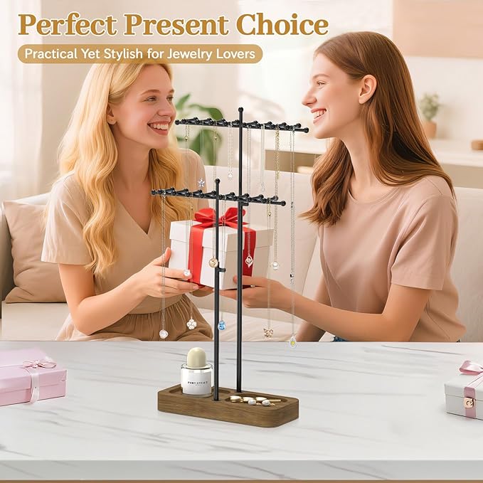MODOWEY Necklace Holder Organizer Stand with 36 Hooks, Tall Display Tree Rack for Women Men Jewelry Storage, Adjustable 2 tier Metal Hanger Wood Tray for Vendor, Large Capacity for Dresser Small Space