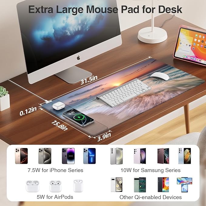 Wireless Charging Mouse Pad, 31.5"x15.8" Large Gaming Desk Mat for Keyboard/Laptop, Waterproof Ultra-Smooth Surface, Non-Slip Base, Beach Sunset