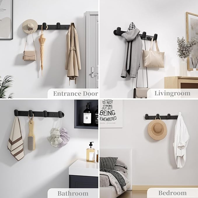 Coat Rack Wall Mount Black, 4 Hooks Rack Metal Coat Hanger Wall for Hanging Hat Purse and Robes, Towel Hook for Bathrooms and Entryway (1 Pack)