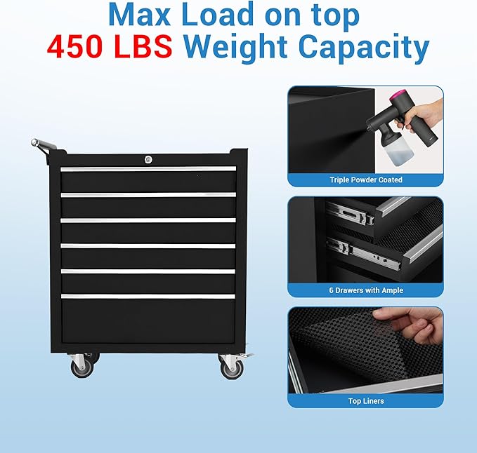 IDEALHOUSE Rolling Tool Chest, 6 Drawers Tool Storage Cabinet, Toolbox with Wheels, Portable Tool Cabinet Organizer with Locking System & Drawer Liners, Tool Storage Cart for Garage, Workshop, Black