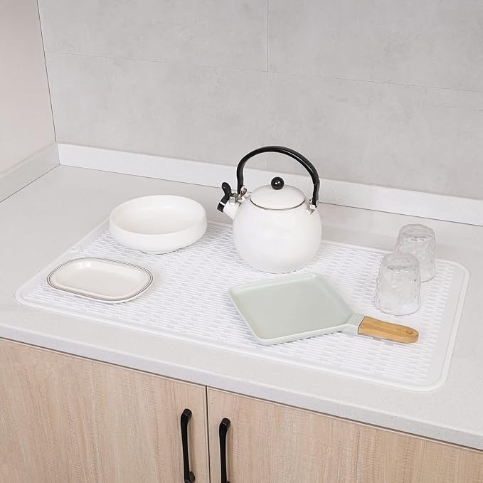 Silicone Dish Drying Mat for Multiple Usage,Easy clean,Eco-friendly,Heat-resistant Silicone Mat for Kitchen Counter or Sink,Refrigerator or Drawer Liner White 4XL 32 inches x 18 inches
