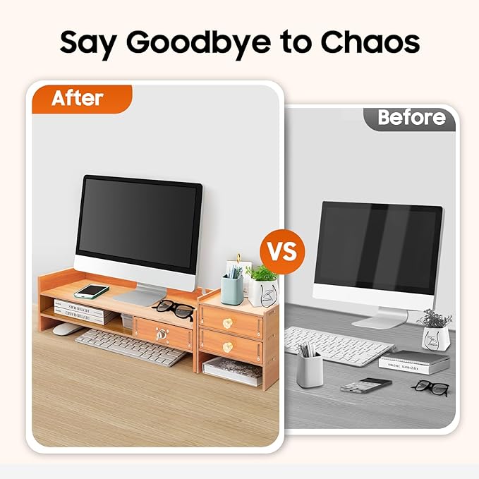 Monitor Stand,Computer Monitor Stand,Computer Rack with Drawers,Desk Shelf Wood Desk Organizer,Wooden Desktop Organizers w/Lock for Home Office Workspace Organizer (5.95lbs)