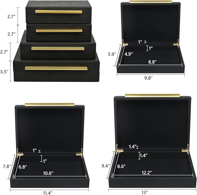 Faux Shagreen Leather Jewelry Boxes Set of 4 with Gold Handles, Stackable Decorative Storage Organizer for Rings, Earrings, Vanity, Dresser, Black