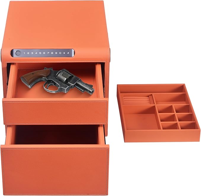 Jewelry Safe with Drawers，Biometric Fingerprint safe, Slide-Away Handgun Safe for Pistols, Leather Wrapped Jewelry Storage Safe, Digital Keypad & Quick-Access Drawer(Orange- 2 Drawer)