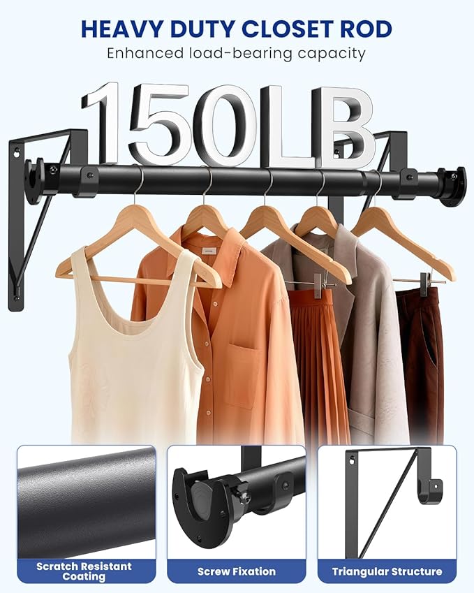 Closet Rods for Hanging Clothes with Triangular Brackets, 17 to 54 Inches Stepless Adjustable Closet Rod, 1.3 Inch Heavy Duty Closet Rod for Closet Wardrobe Laundry RV (Without Board/Black)