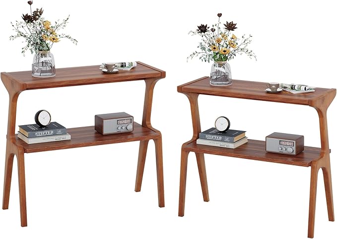 Set of 2 Solid Wood End Table, 2-Tier Side Table with Storage Shelf, Wooden Modern Accent Slim Bedside Table for Sofa, Living Room, Bedroom, Small Space, Easy Assembly, Cherry
