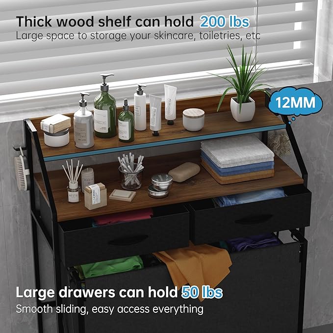 2 Tier Laundry Sorter with 3 Section Pull Out Bags Rolling Laundry Basket Organizer with 2 Drawers Laundry Hamper with Shelves and Wheels for Laundry Room, Bathroom, Bedroom Organization