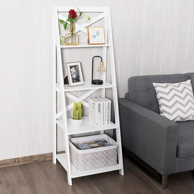 Tangkula 4-Tier Ladder Shelf Bookcase Leaning Free Standing Wooden Frame Decor Bookshelf Storage Flower Shelf Plant Display Shelf for Home Office (White, 1)