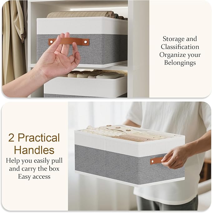 Storage Boxes, Storage Baskets with Handles, Cube Organizer Bins for Wardrobe Bedroom Laundry, 13 × 9.1 × 5.5 Inch, White and Grey, 4-Pack