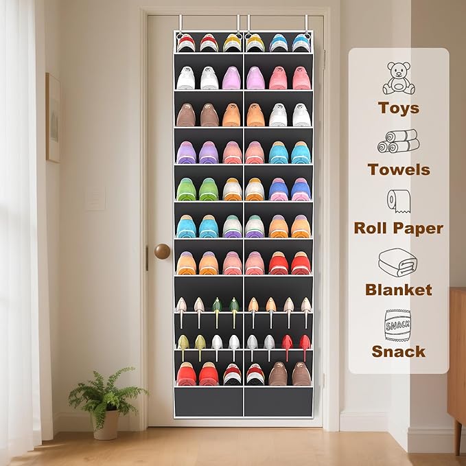 30 Pairs Over the Door Shoe Organizer, Clear Pockets Hanging Shoe Storage for Closet, 10-Tier Door Shoes Rack Storage Fit All the Family's Sneakers, Boots, Heels, Dark Grey