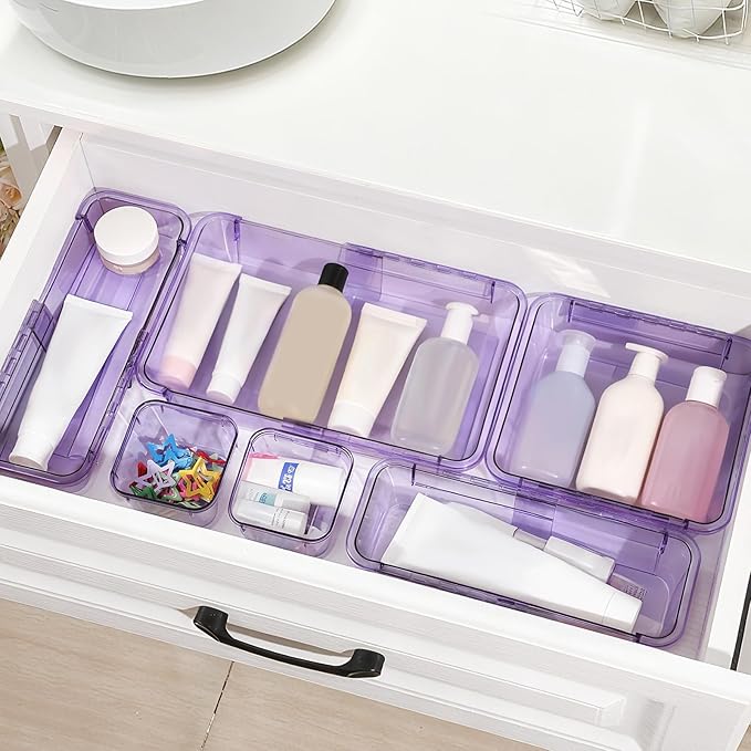 14 Pcs Adjustable Clear Drawer Organizer, Extendable Vanity Storage Bins, Desk Drawer Organizer Set for Makeup, Cosmetics, Bedroom, and Gadgets, Purple