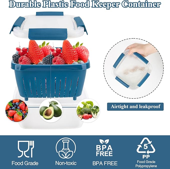 50oz Berry Keeper Fruit Storage Container for Fridge, Fresh Food Produce Saver Containers with Removable Drain Colanders, Vegetable Lettuce Keeper Bowl, Refrigerator Organizer, PRESS TO OPEN CLOSE LID