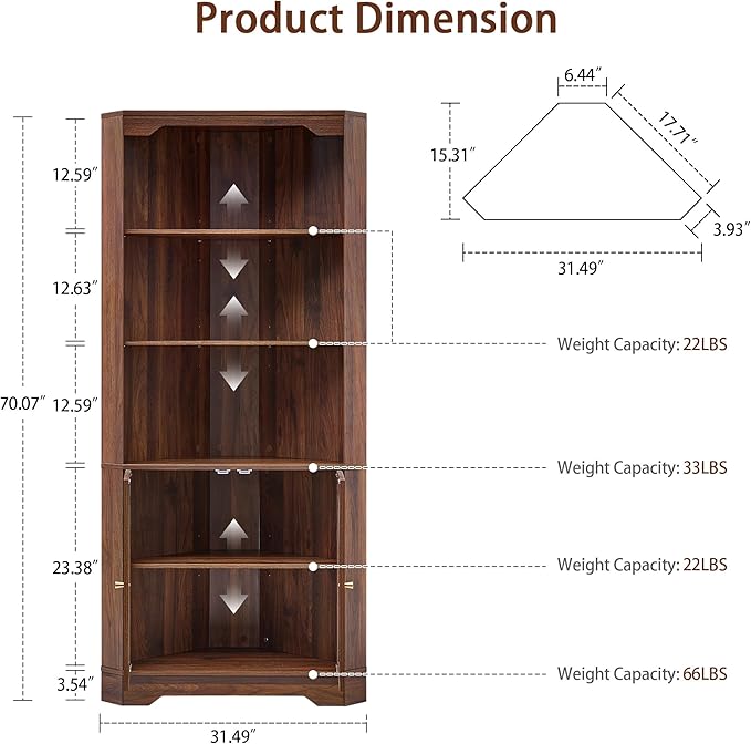 70" H Tall Coner Cabinet with Door & Adjustable Shelves, Mid-Century Farmhouse Wood Storage Cabinet, Home Pantry Hutch for Kitchen, Dining Living Room, Bathroom, Antique Dispaly (Walnut)