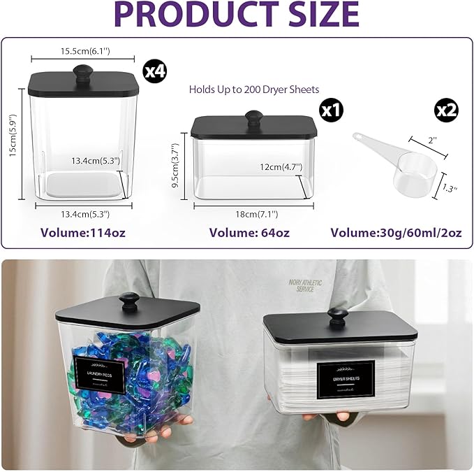 4+1 Pack Clear Laundry Pods Container & Dryer Sheet Holder, Plastic Square Laundry Room Organization and Storage Jars with Black Lids, Scoops & Labels for Detergent, Powder, Dryer Balls