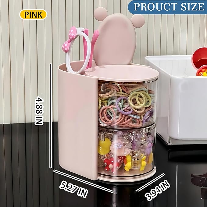 Hair Accessories Organizer with Hair Brush Holder, Rotatable Makeup Brush Holder for Necklaces, Earring, Bracelet, Ring, Makeup Brushes, Hair Clip and Hair Accessories (Pink, 2-Layer)
