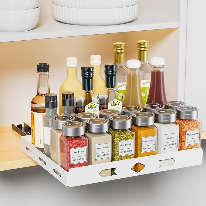 XLP Pull-Out Spice Rack Organizer – Heavy Duty Slide-Out Cabinet Storage | Fits Spices, Sauces, Cans, Dishes | Kitchen & Pantry Organizer, White (12.5''Wx10.5''Dx1.8''H)