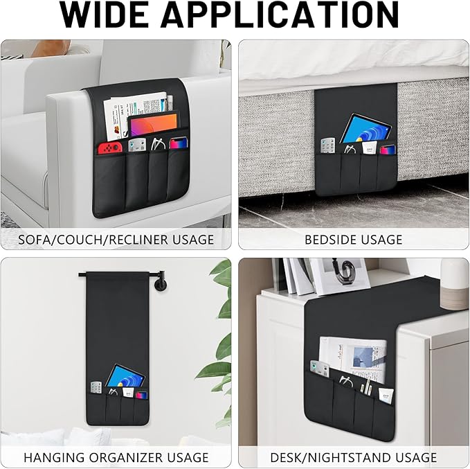 TV Remote Control Holder Couch Caddy, Non-slip Bedside Caddy Organizer with 5 Pockets for Key Glasses Phone Magazine Holders (Black, 35"x12.4")