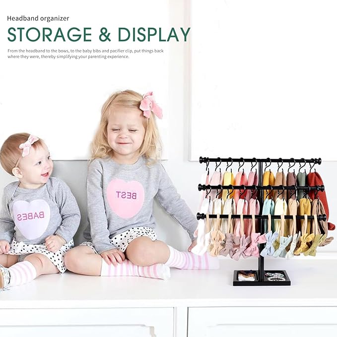 POVETIRE Headband Holder Stand Storage for Baby, 3 Tier Wooden Bow Organizer for Girls Hair Bows, Infant Hair Accessories Rack Display for Nursery Decor