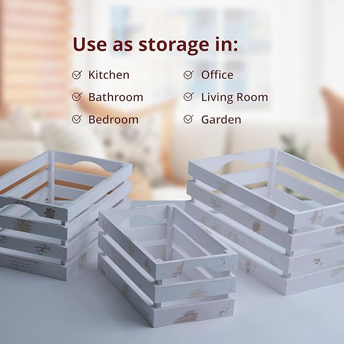 wald imports - Set of 3 White Washed Wooden Crates for Storage - Decorative Wooden Crate Set for Home Decoration & Display - Vintage Storage for Household Goods