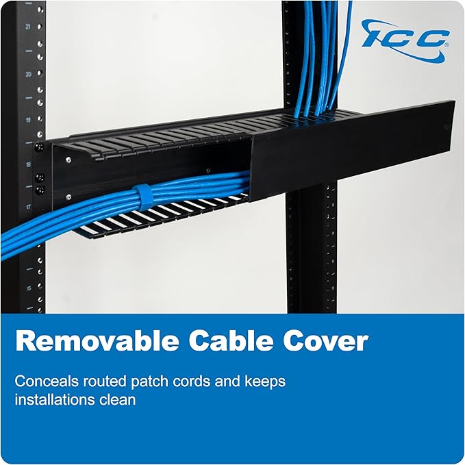 ICC 2U Finger Duct Cable Manager Panel with Cover, Plastic with Metal Back Frame, 3" Depth, Horizontal Cable Management, Rackmount for 19” Network Racks, Black, Single Pack