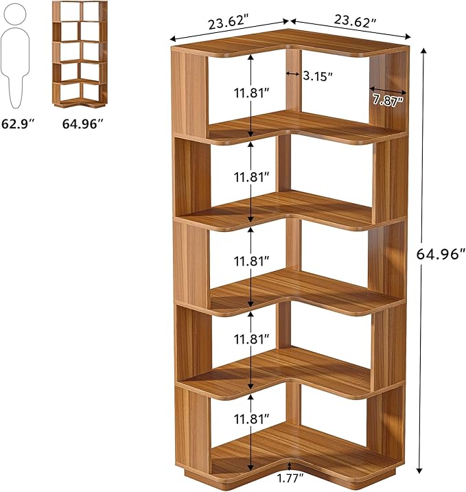 Tribesigns 6 Tier Corner Bookshelf, 64.9 Inches Tall Industrial L Shaped Bookcase with Anti-Drop Panel, Freestanding Wood Grain Shelf Display Rack Storage Organizer for Home Office