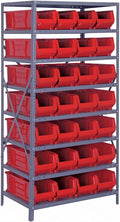 Quantum 2475-950RD Heavy Duty Shelving Unit with (8) Shelves and (28) QUS950 Red Bins for Industrial Warehouse Storage Distribution | 400 lbs Capacity | 24"D x 36"L x 75"H, Galvanized Carbon Steel
