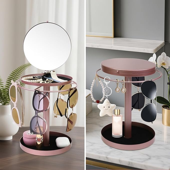 360° Rotating Sunglasses Organizer With Mirror, Metal Glasses Holder Stand, Sunglass Storage Display Eyewear Eyeglasses Rack with Tray for Desk Nightstand Dresser Table Countertop Bedroom, Rose Gold