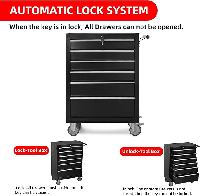 6-Drawer Rolling Tool Chest Cabinet, Large Capacity Metal Tool Box with Wheels and Locking, Roll Around Storage Organizer Tool Cart for Garage, Warehouse, Work Shop - Black