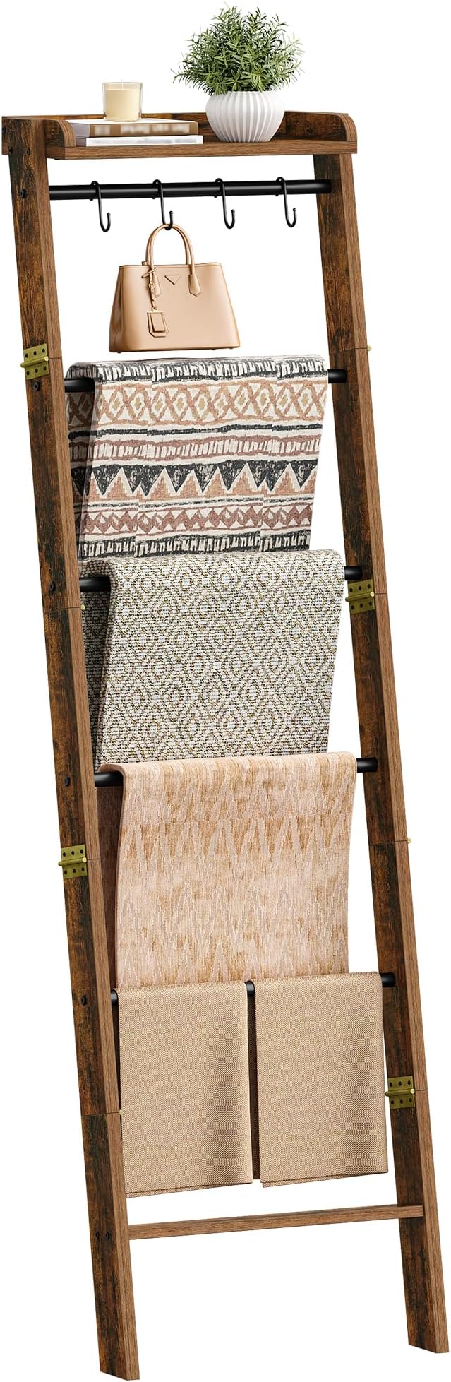 Blanket Ladder Shelf, Decorative Quilt Rack, 7-Tier Farmhouse Ladder Holder Organizer with 4 Removable Hooks, Rustic Brown BR36801B