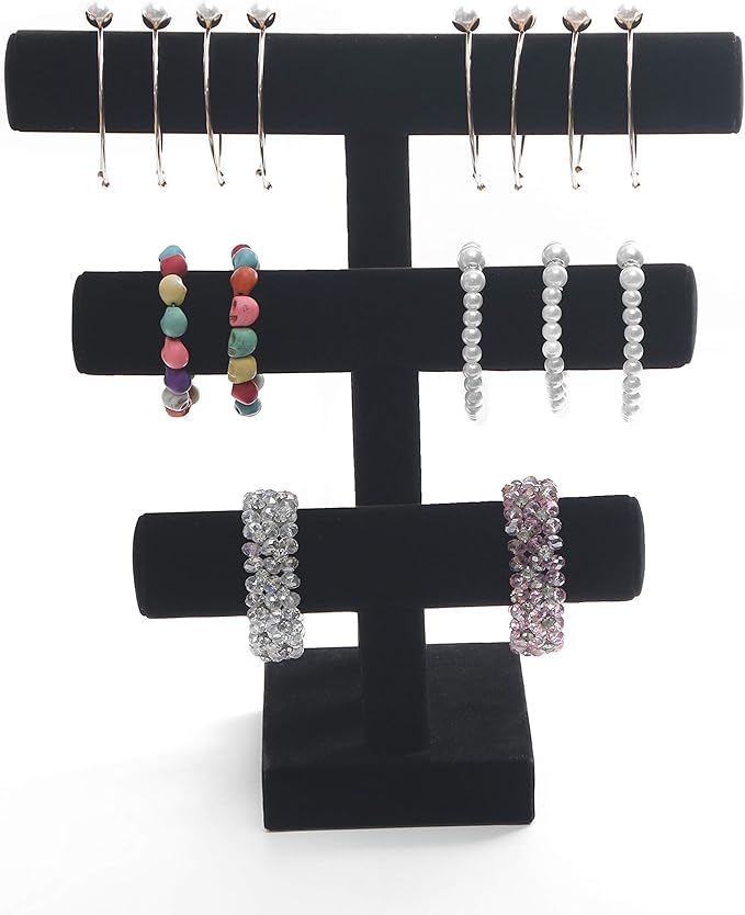 Wuligirl 3 Tier Bracelet Holder T-Bar Jewelry Stand Velvet Jewelry Holder Jewelry Display Bangle Organizer Storage Holder Velvet Black (3T Bar)