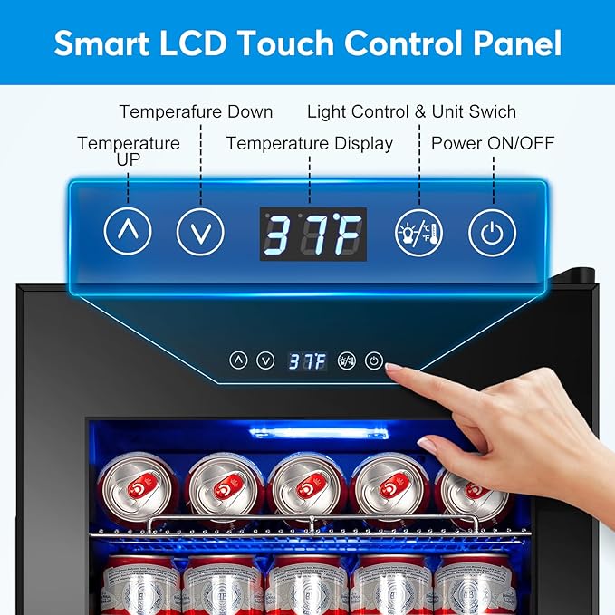 Beverage Refrigerator 17 inch Wide - 126 Can Beverage Cooler with Glass Door | Counter-Top/Freestanding Mini Beverage Beer Fridge | Temperature Memory | Invisible Door | Perfect for Soda,Beer