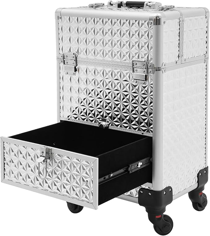 Rolling Nail Case, Salon Makeup Train Case Nail Storage Box Manicure Case Makeup Case on Wheels with 4 Detachable Wheels & 1 Sliding Drawer for Makeup Artists, Hairdressers, Manicurists