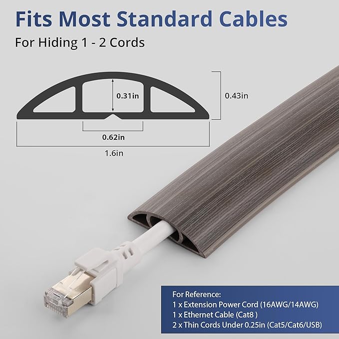 ZhiYo 10ft Cord Covers for Wires on Floor, Cord Hider Floor Hide Extension Cords, Soft PVC Cable Cover Cable Protector, Cable Cavity W0.62in, H0.31in, Gray Oak Wood