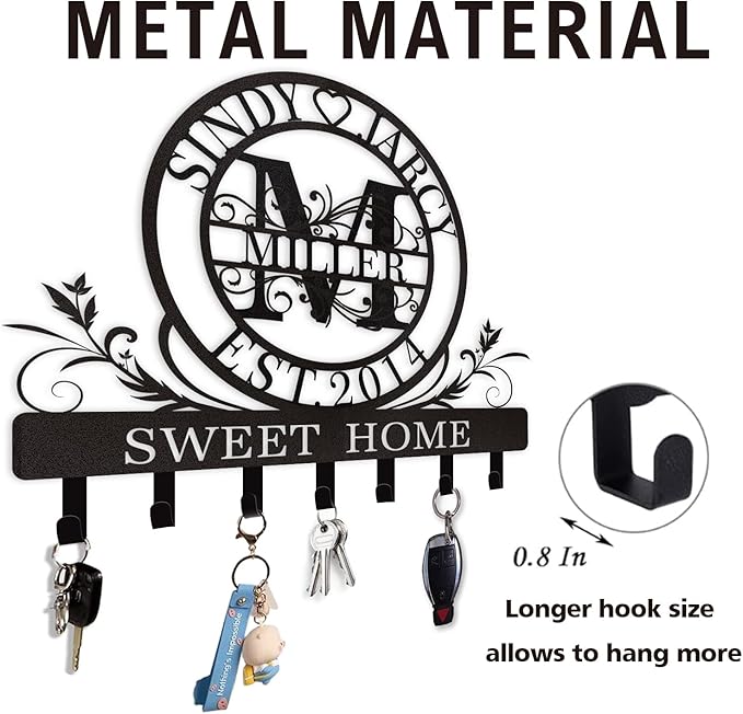 Personalized Key Holder for Wall, Custom Family Name Metal Wall Key Hanger, Key Hooks with Monogram Design, Key Rack Holder Wall Mount for Living Room Bedroom, Anniversary Couple Gift
