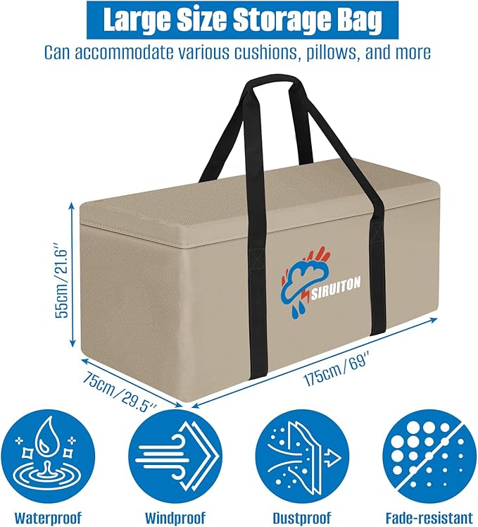 SIRUITON 69”L x 29.5”W x 21.6”H Outdoor Cushion Storage Bag,Patio Furniture Cushion Storage Bag,Heavy Duty 600D Oxford Garden Cushion Storage Covers, Waterproof 9FT Christmas Tree Storage Bags.