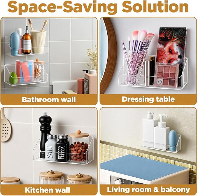 4 Pack Clear Wall Mounted Storage Organizer – No Drill Adhesive Shelves for Bathroom, Kitchen, Bedroom, Mirror Cabinets – Transparent PS Plastic Organizer Bins (7.9” x 3.4” x 3.3”)