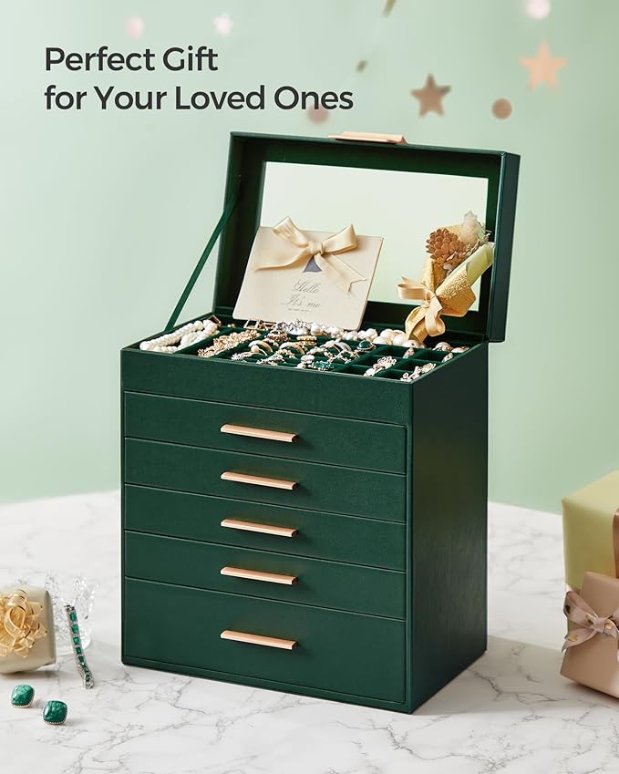 SONGMICS Jewelry Box Organizer with Glass Lid, 6-Layer Jewelry Storage, with 5 Drawers, Modern Style, Christmas Gift, 6.4 x 9.9 x 11.4 Inches, Forest Green and Gold Color UJBC171C01