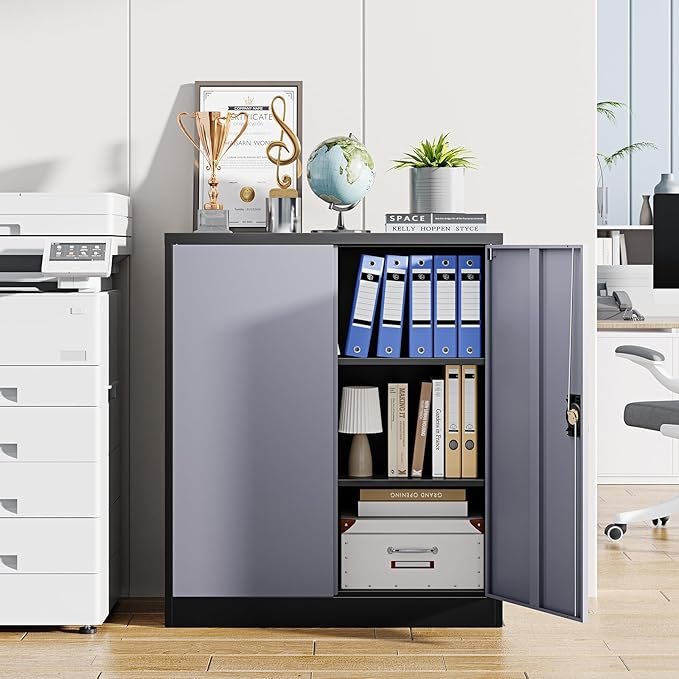 Letaya Metal Storage Cabinets with Lock Door,2 Adjustable Shelves Organizer Steel Storage Cabinets for Home,Office,Warehouse,Garage,Employee Lockers(Black Gray)