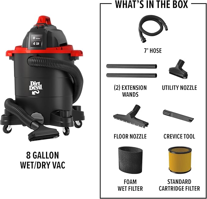 Dirt Devil 8 Gallon Corded Wet Dry Shop Vacuum, Portable, Heavy Duty Vacuum for Garage, Home, Workshop or Vehicle, Compact Design with Versatile Tools, Wet/Dry Shop Vac