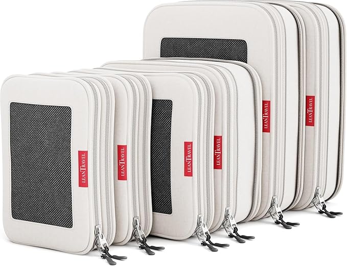 LeanTravel Compression Packing Cubes for Travel Organizers with Double Zipper (6-Pack (2L+2M+2S), Sand)