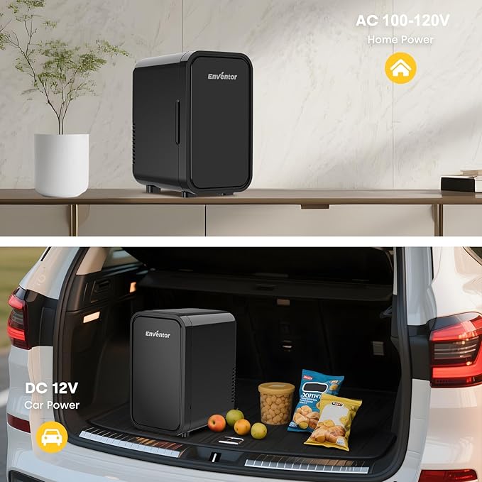Enventor Mini Refrigerator, 6L/ 8 Can Compact Skincare Fridge AC+DC Power Cooler & Warmer Small Refrigerator for Bedroom, Skincare, Makeup, Cosmetics, Car, Office (Black)