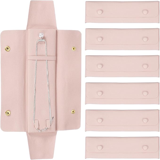 uxcell 6 Pcs Microfiber Necklace Travel Case, Necklace Pouch Storage Bag Microfiber Jewelry Travel Organizer Tangle Free for Women Gift, Pink