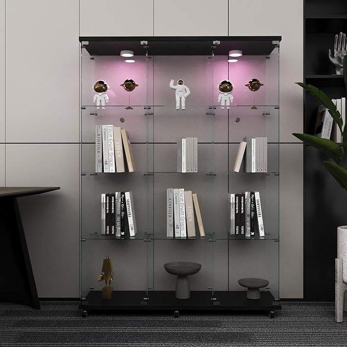Beauty4U Glass Display Cabinet with LED Lights, Extra Large 3 Columns 2 Doors Curio Cabinets with 12 Shelves for Living Room, Bedroom, Office, Black Floor Standing DIY Glass Bookshelf