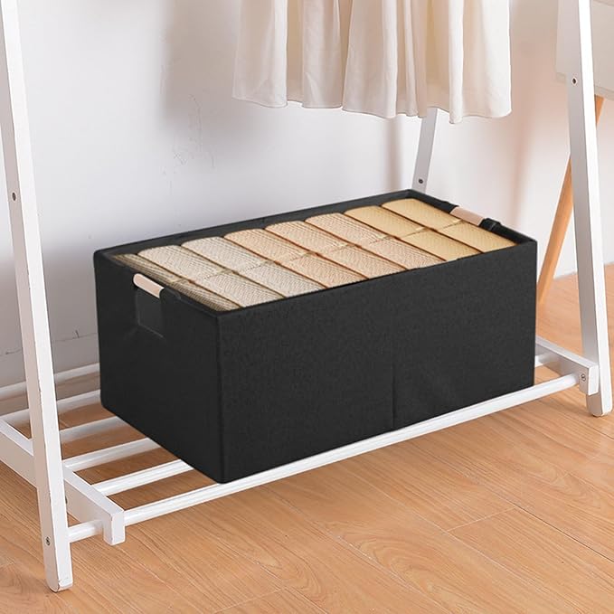 Fabric Storage Bin 3 Pack Foldable Cotton Linen Storage Basket with Wooden Handles Rectangular Cube Box – Black, Medium