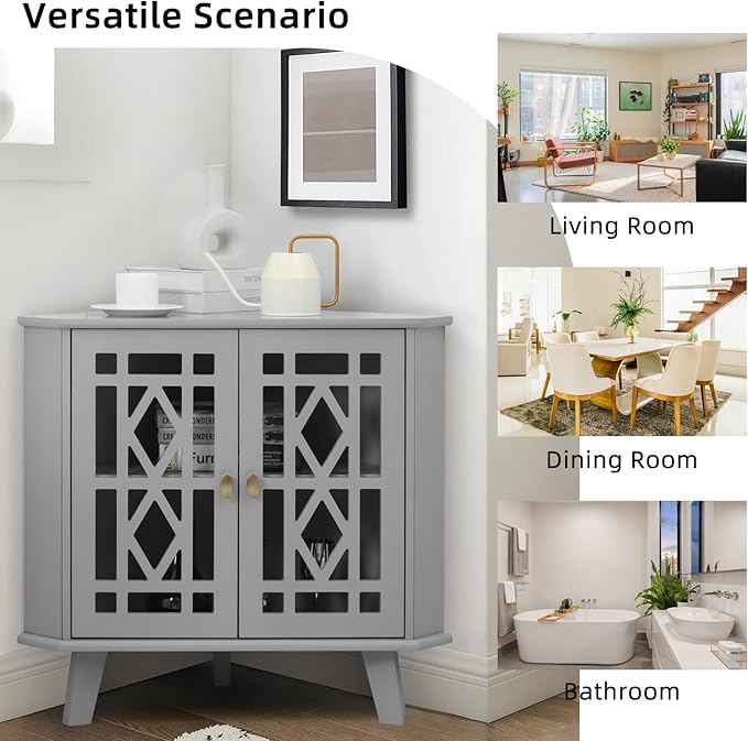 Scurrty 32'' Corner Shelf Stand, Small Corner Table Sideboard Cabinet with 2 Doors and 2-Tier Shelves, Free-Standing Corner Storage Organizer for Living Room, Dining Room & Bathroom (Grey)