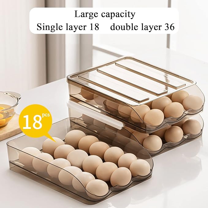 Egg Holder for Refrigerator Auto Scrolling Organizer Plastic Stackable Storage Container Reusable Clear Tray Box Basket Bin Lid Drawer Carrier Keeper(1 Layer)